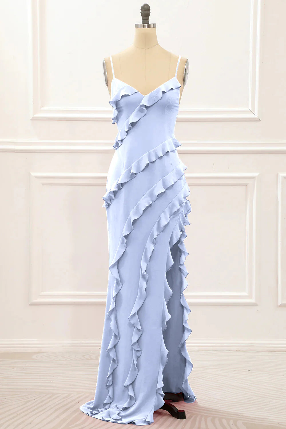 Spaghetti Straps Jade Tiered Mermaid Bridesmaid Dress With Slit