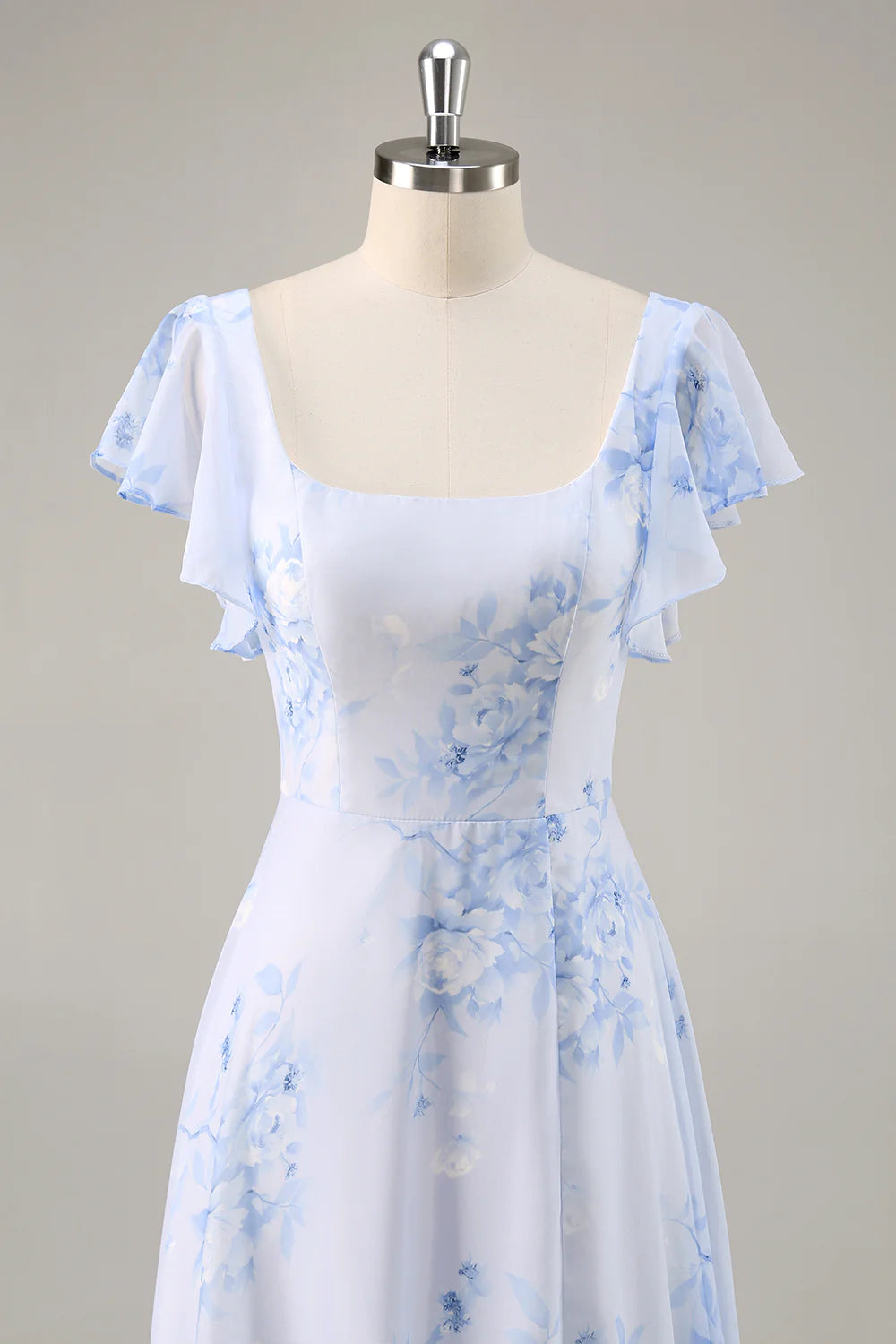Blue Flower A Line Square Neck Long Bridesmaid Dress with Slit