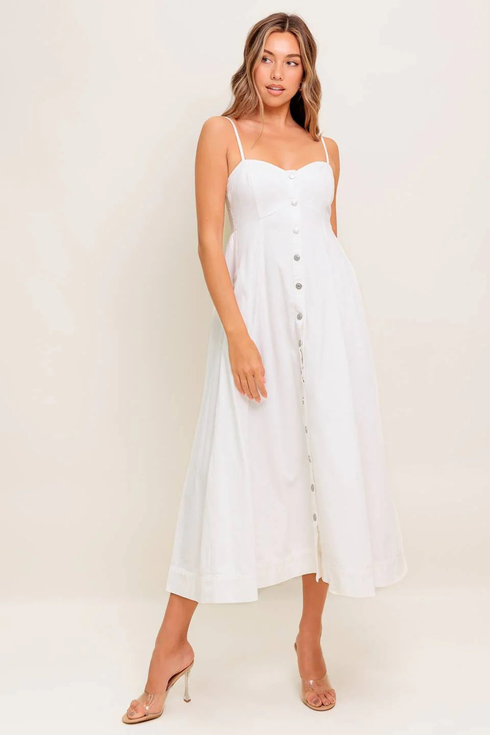 BREE BUTTON DOWN MIDI DRESS WHITE