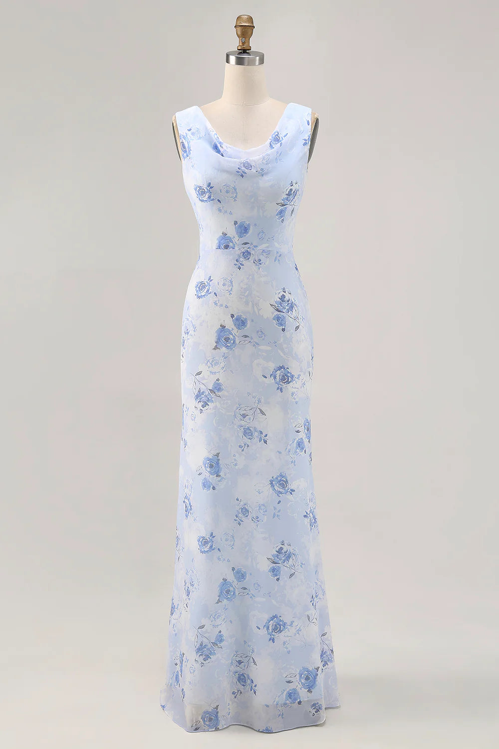Blue Flower Sheath Printed Long Wedding Party Dress