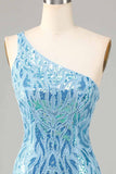 Blue Sheath One Shoulder Sequins Short Homecoming Dress