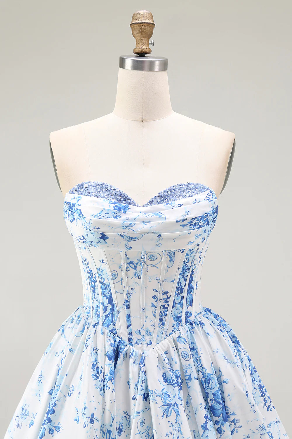 White Blue Flower A Line Strapless Printed Homecoming Dress with Beading