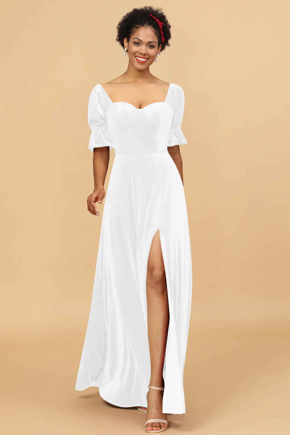 A Line Sweetheart Flare Sleeves Velvet Bridesmaid Dress with Slit