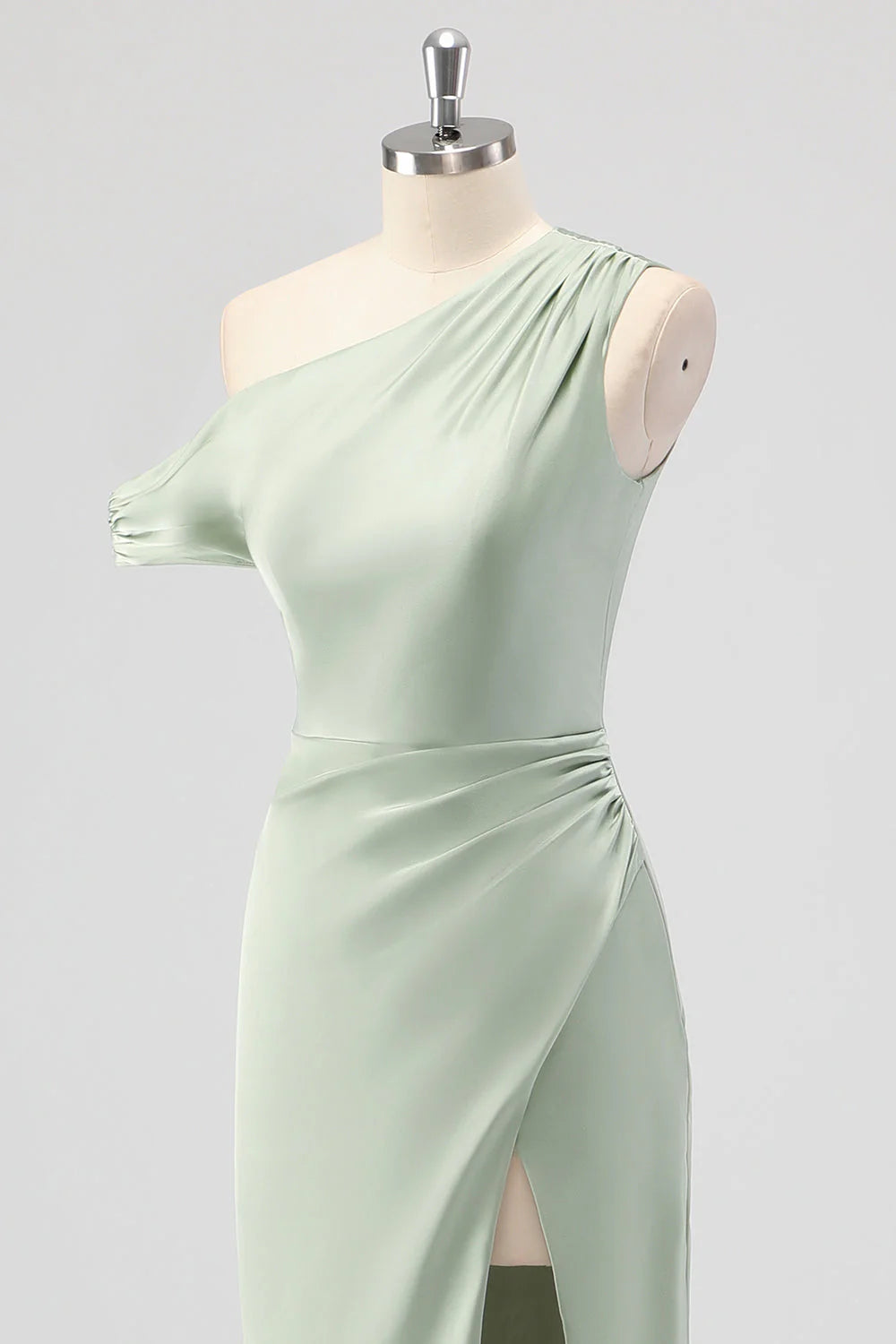 Sage Green Sheath One Shoulder Satin Ruched Long Bridesmaid Dress with Slit
