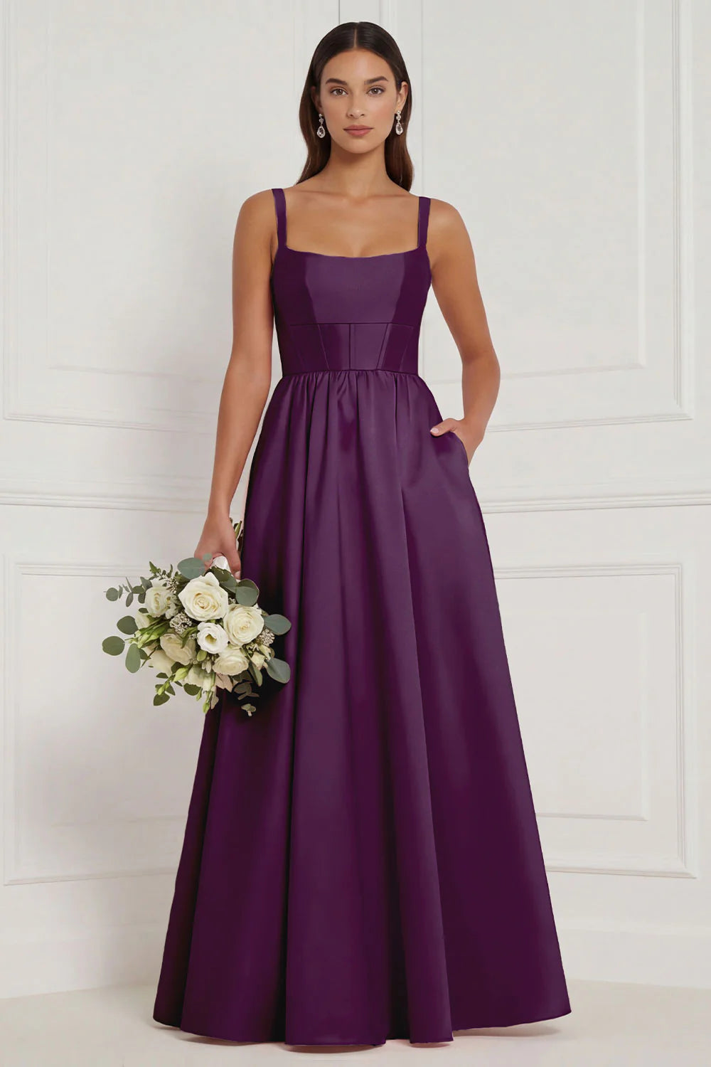 Lilac A Line Corset Satin Square Neck Long Bridesmaid Dress
