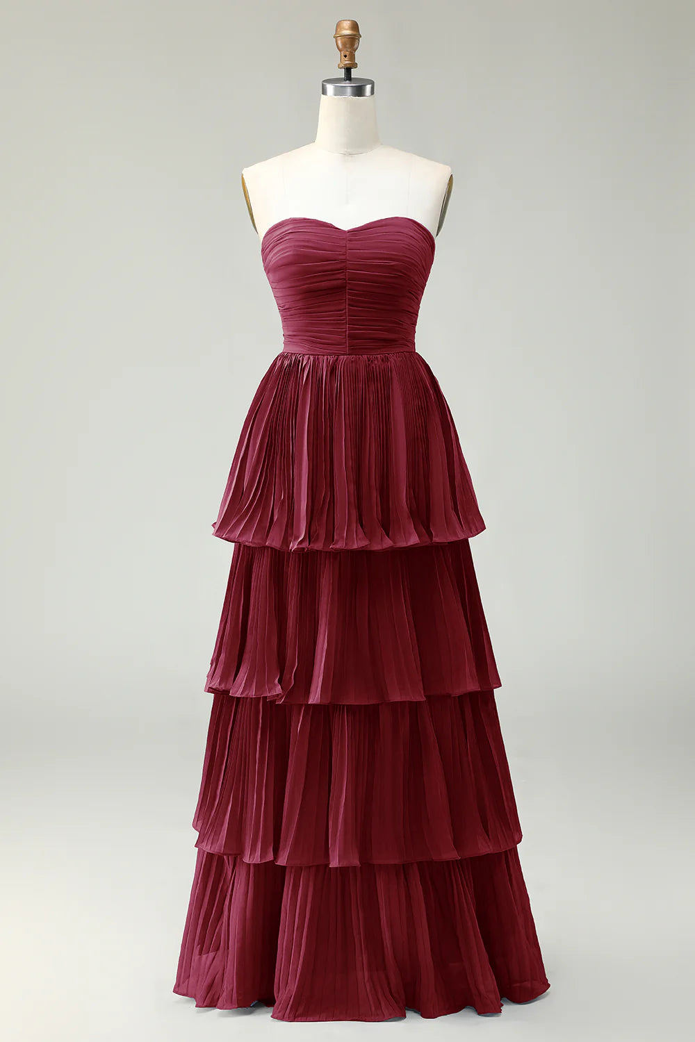 Dusty Blue A Line Strapless Pleated Tiered Long Bridesmaid Dress with Ruffles