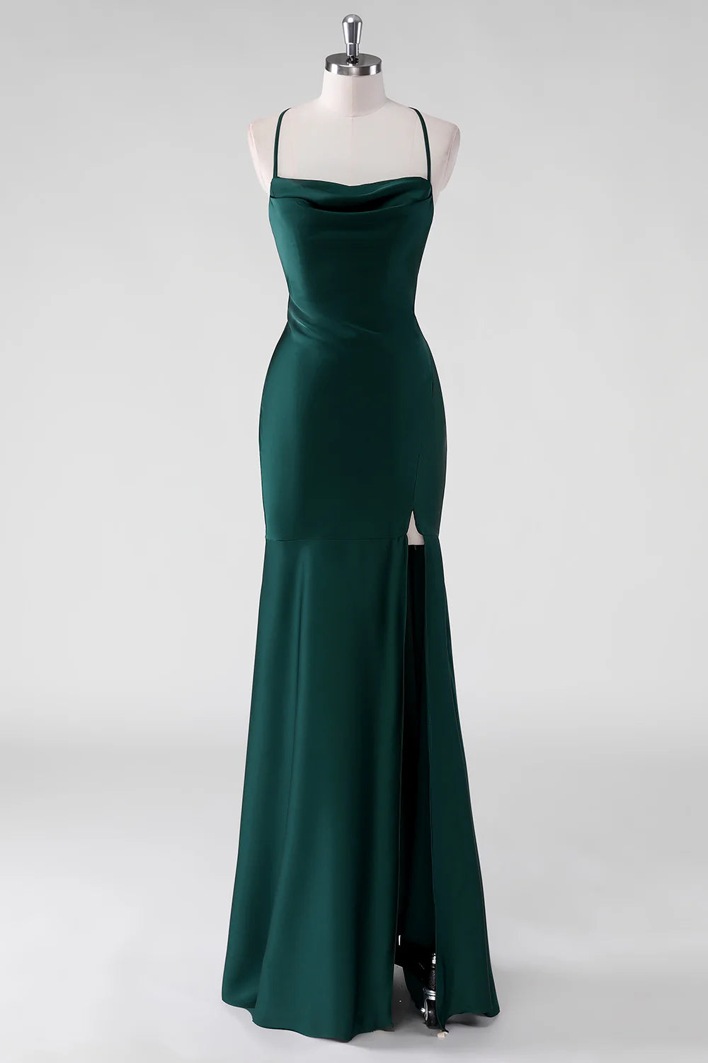 Pine Sheath Spaghetti Straps Satin Floor Length Bridesmaid Dress with Lace Up Back