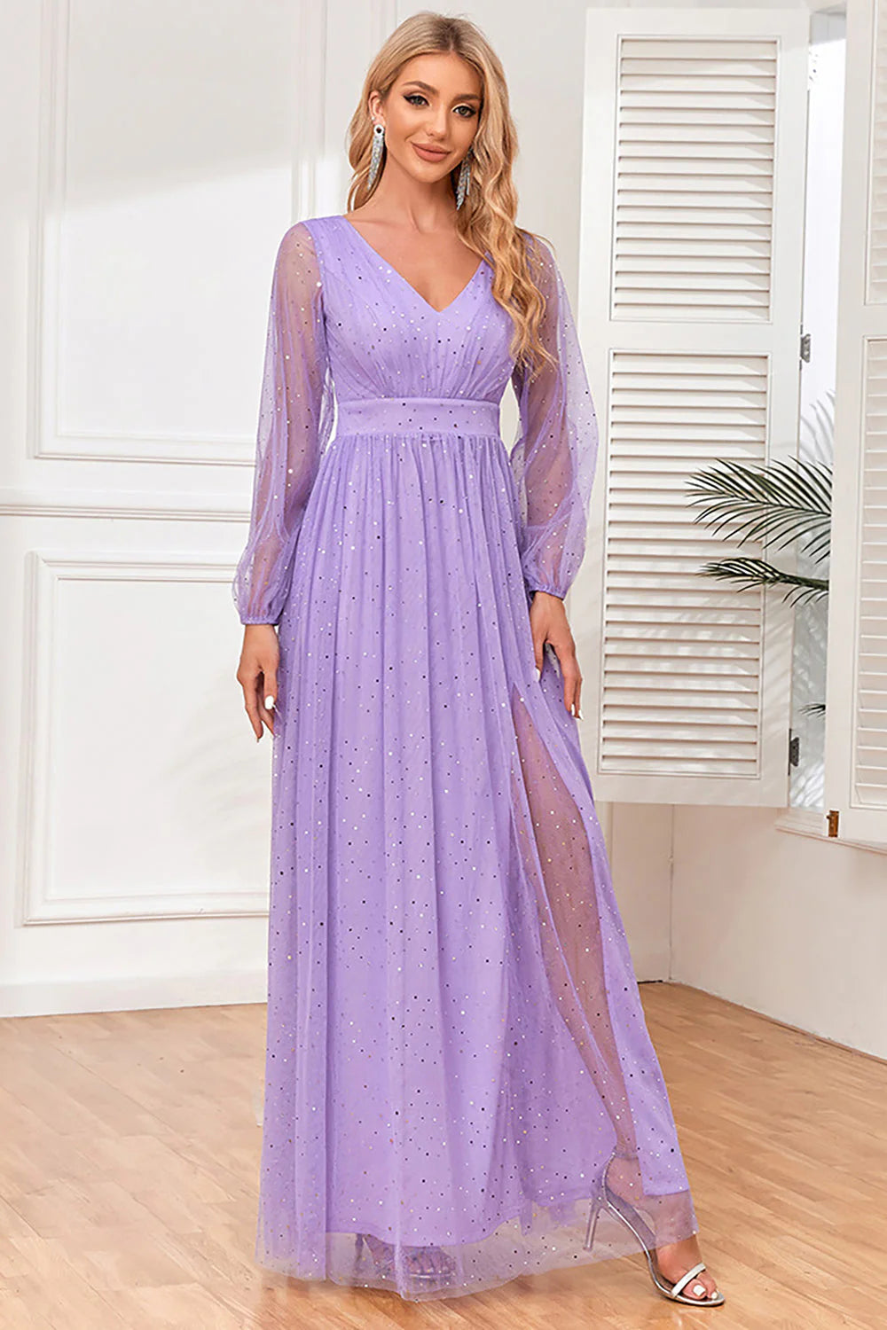 Lilac A Line Long Sleeves Long Formal Dress with Slit