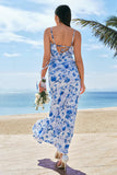 Blue Mermaid Spaghetti Straps Ruched Print Ruffle Bridesmaid Dress with Slit