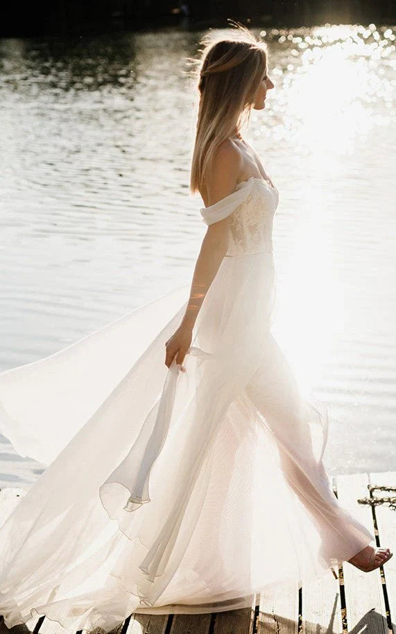 A Line Lace White Lace Up Off the Shoulder Wedding Dress with Slit