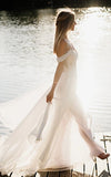 A Line Lace White Lace Up Off the Shoulder Wedding Dress with Slit