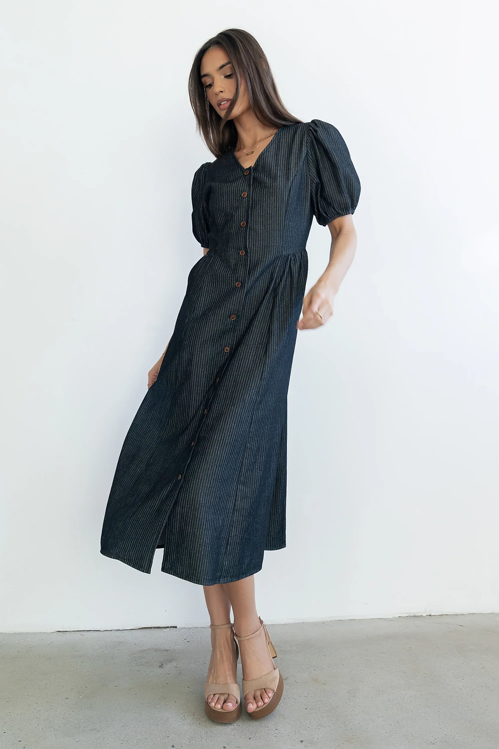 Conley Pinstripe Midi Dress in Black