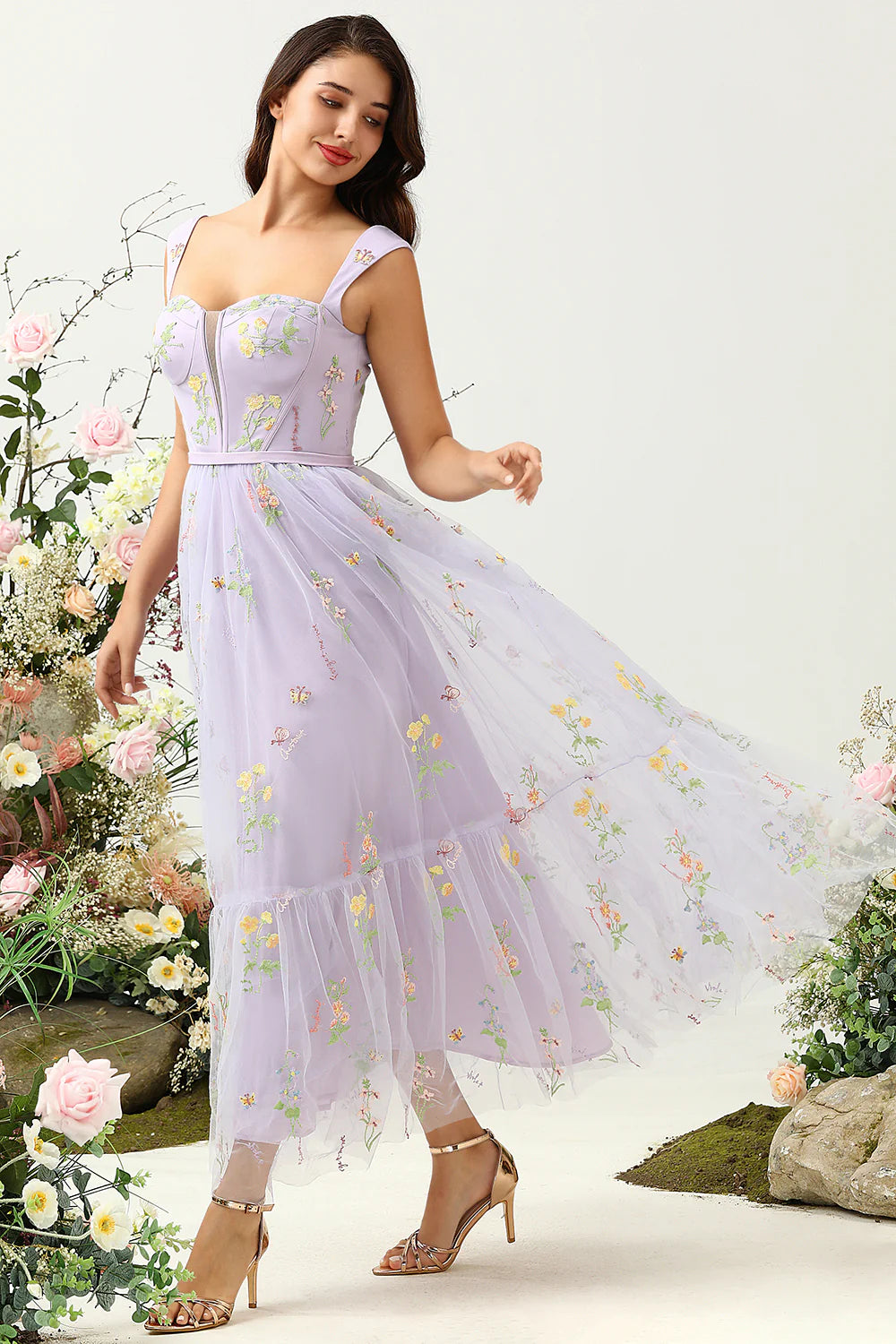 Purple A Line Sweetheart Tea Length Party Dress with Embroidery