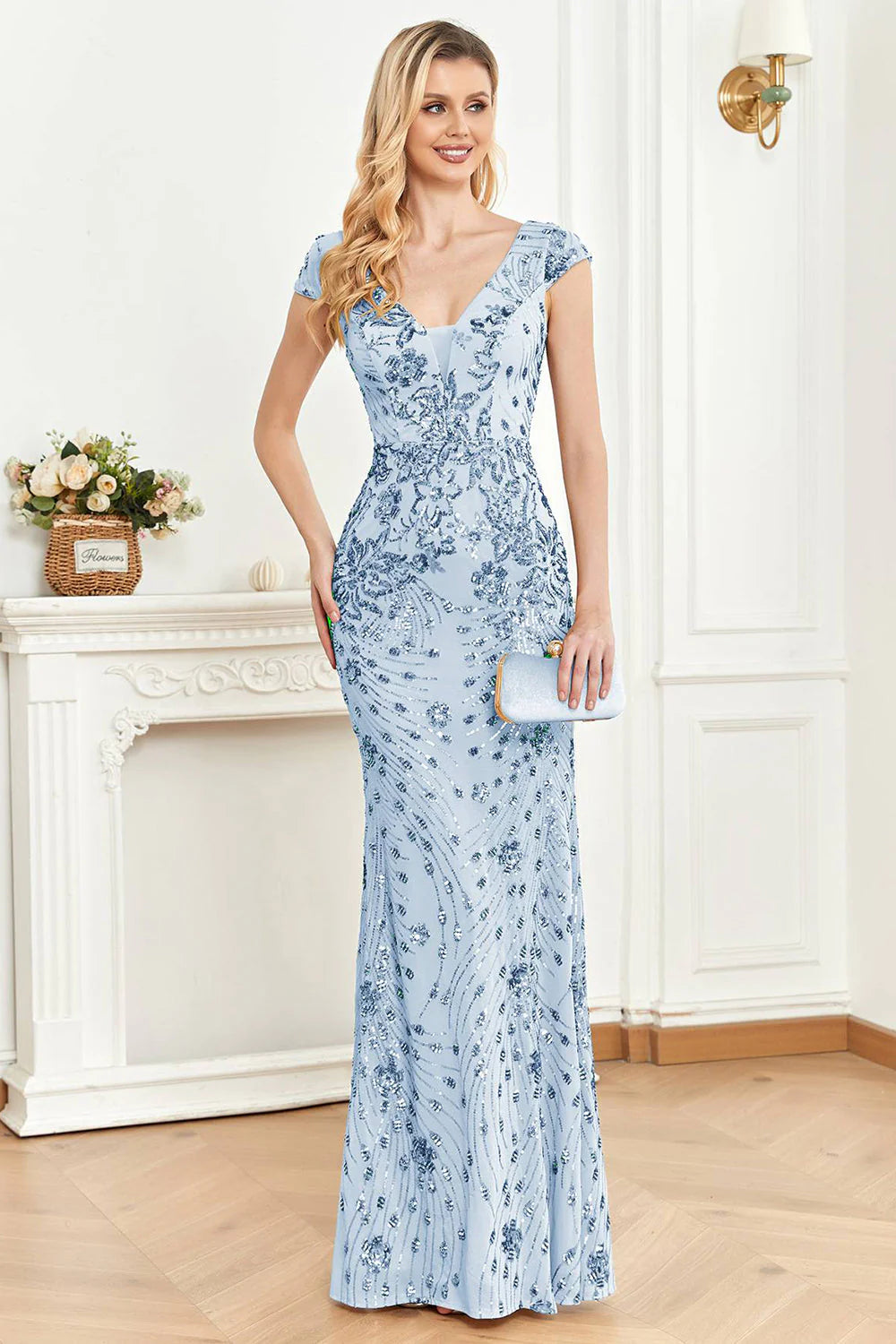 Sparkly Golden Sheath V Neck Long Formal Dress with Beading