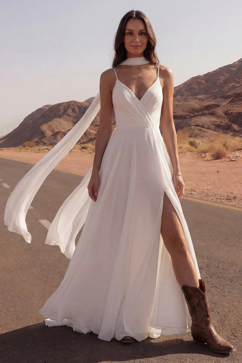 Ivory A Line Spaghetti Straps Maxi Wedding Dress with Sash