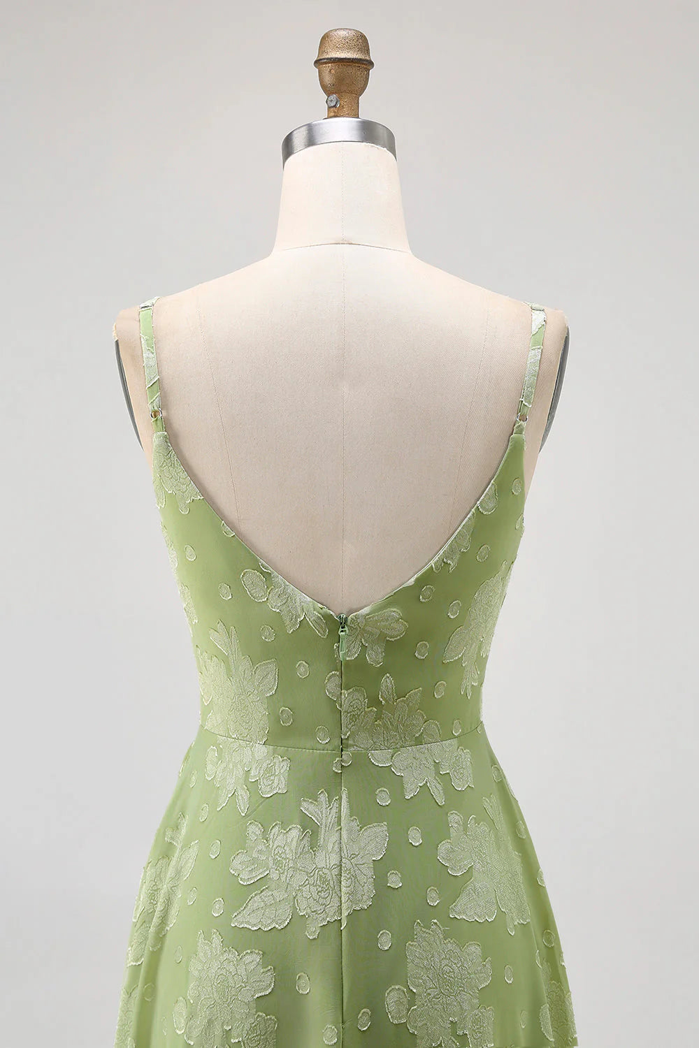 Sage Green Floral A Line Jacquard Spaghetti Strap Maxi Dress with Slit