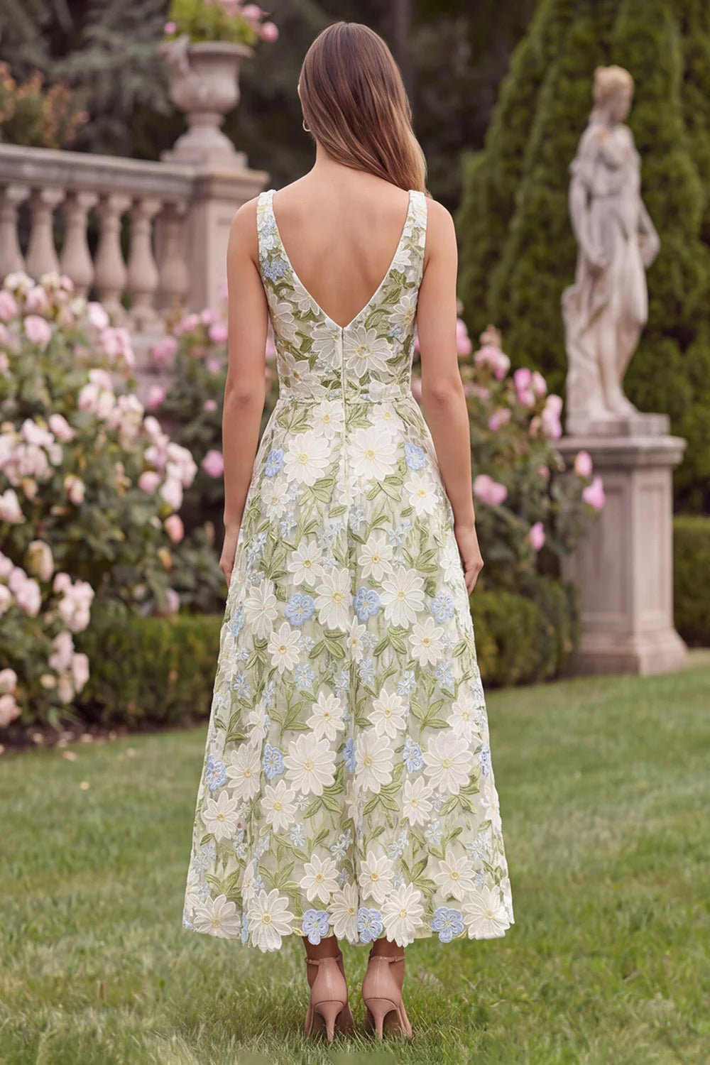 Floral V Neck A Line Sage Wedding Guest Dress