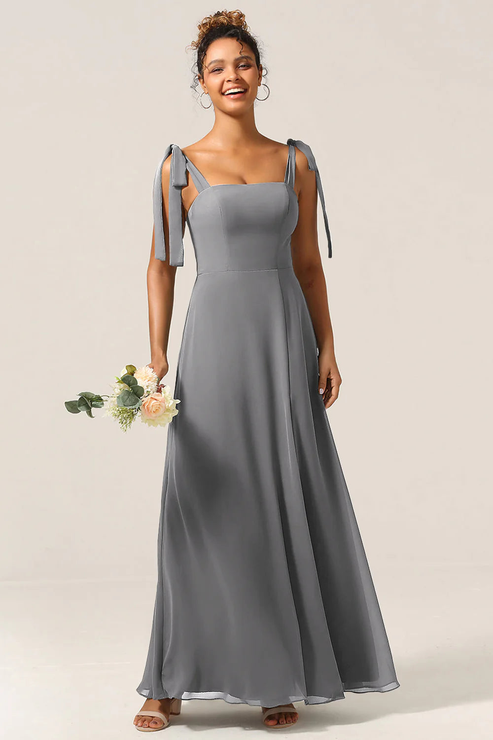 A Line Spaghetti Straps Floor Length Chiffon Bridesmaid Dress with Slit