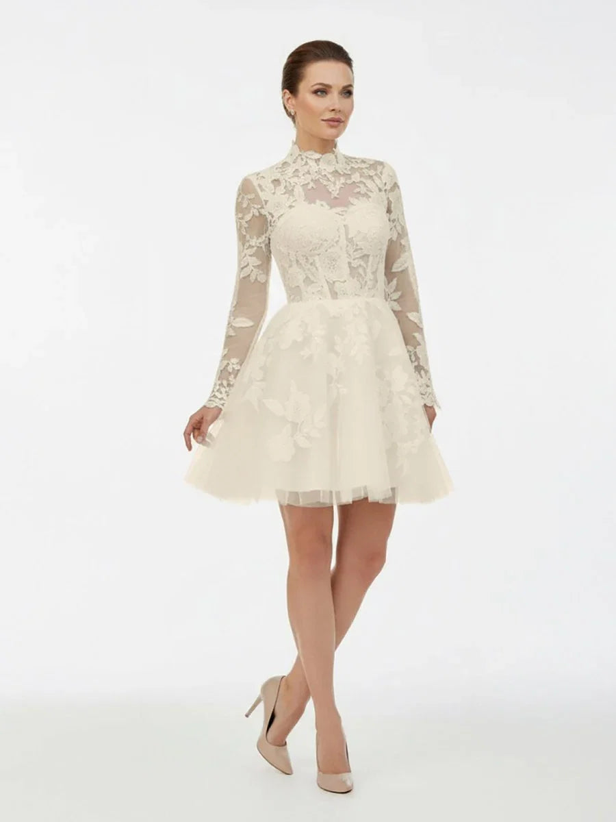 Short White A Line Illusion Neck Long Sleeves Lace Wedding Dresses