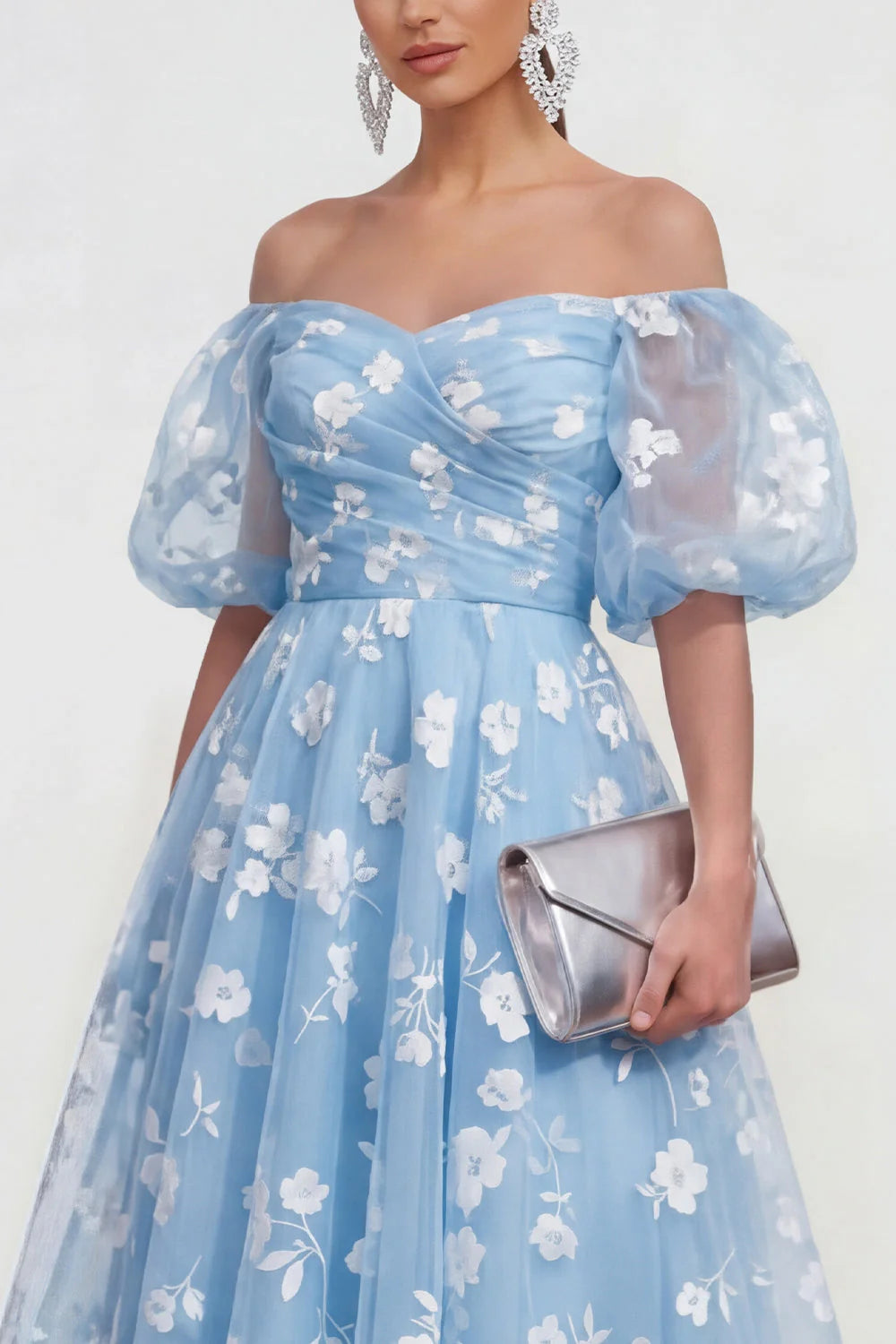 Off the Shoulder Floral Lilac Ruched A Line Wedding Guest Dress