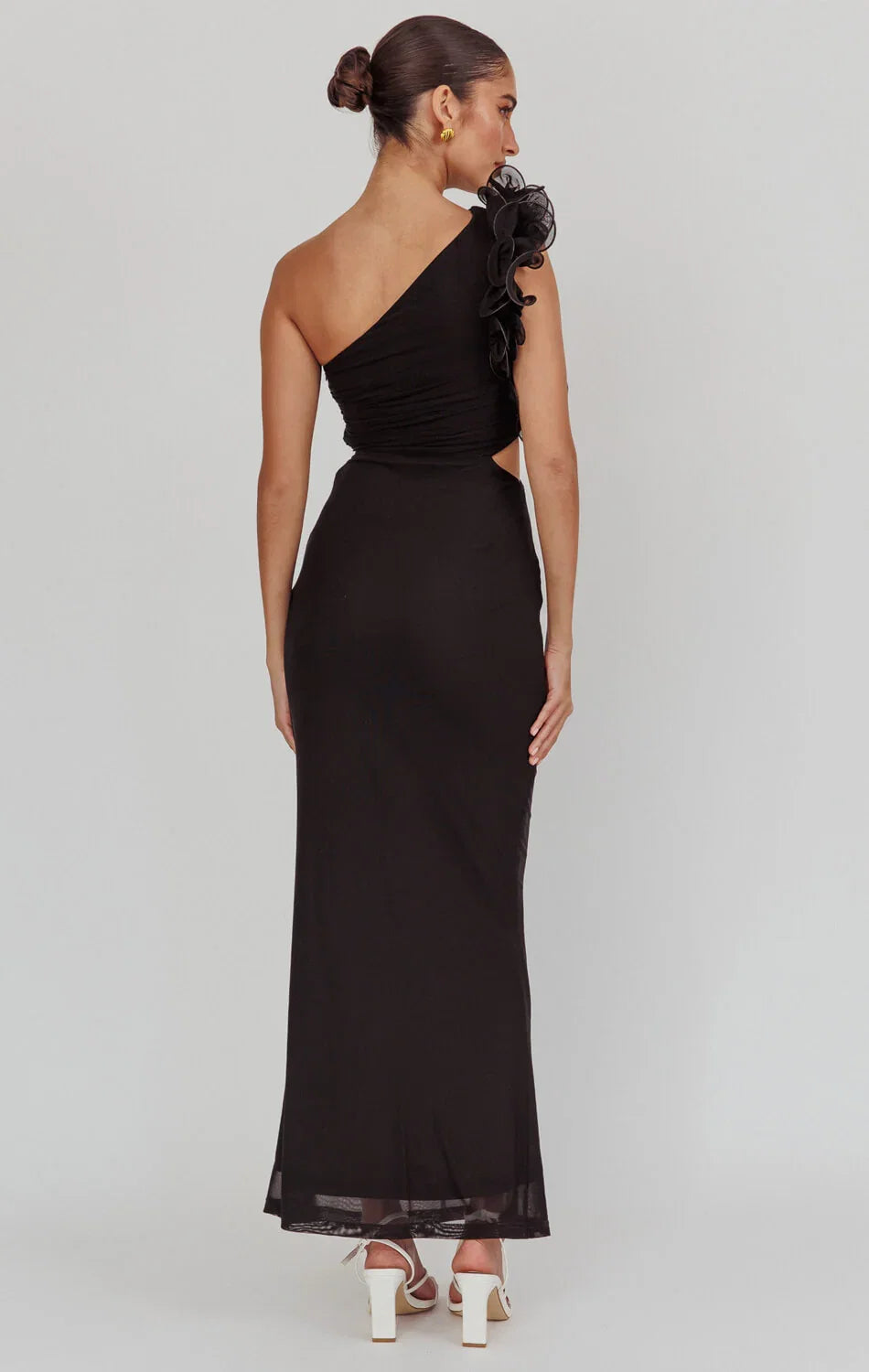 LIZBETH ONE SHOULDER MESH MAXI DRESS BLACK