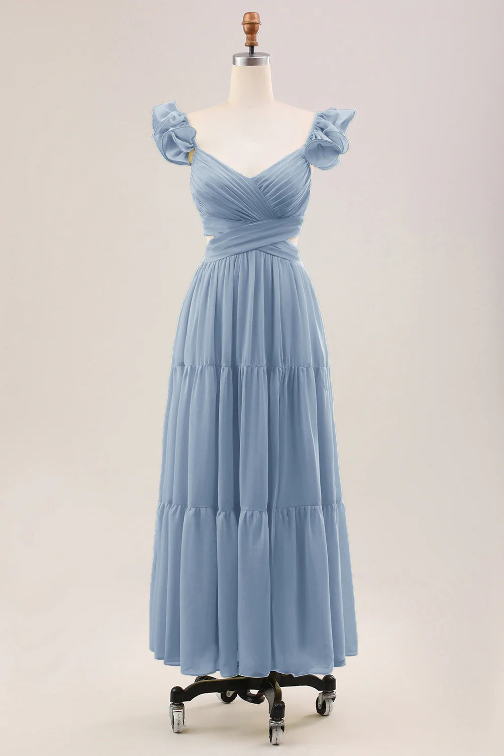 Simple Lemon Yellow A Line Pleated Chiffon Wedding Party Guest Dress with Ruffles