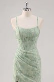 Green Floral Mermaid Lace Up Back Corset Long Bridesmaid Dress with Slit