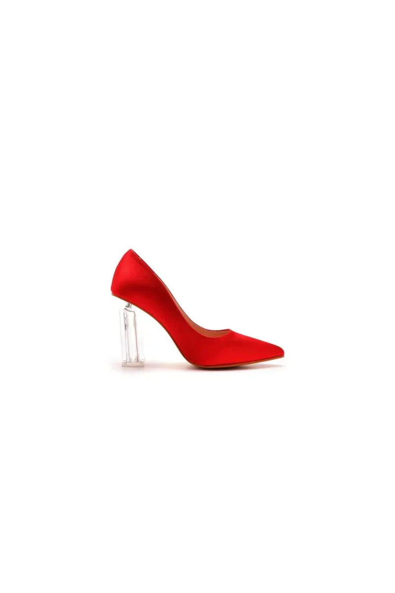 Simple Satin Slip on Pointed Toe Transparent Block Heels