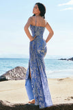 Mermaid Corset Burnout Velvet Watteau Train Blue Bridesmaid Dress with Slit