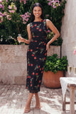 Floral Black Keyhole Sheath Midi Wedding Guest Dress