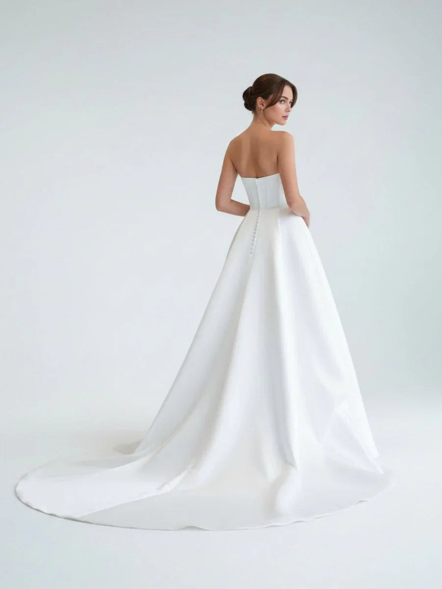 A Line Strapless White Satin Wedding Dresses with Slit