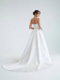 A Line Strapless White Satin Wedding Dresses with Slit