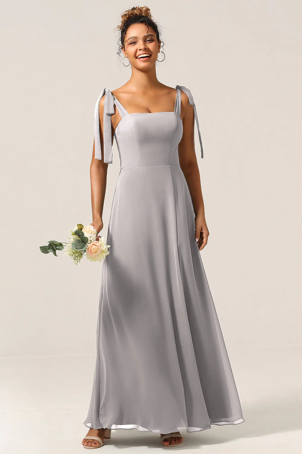 A Line Spaghetti Straps Floor Length Chiffon Bridesmaid Dress with Slit