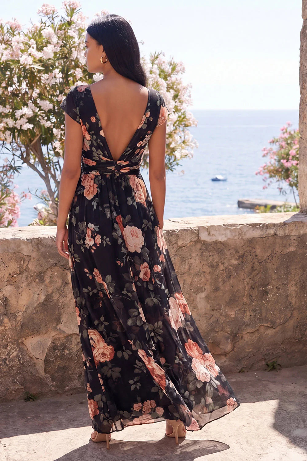 Black V Neck Floral Wedding Guest Dress with Twist Front