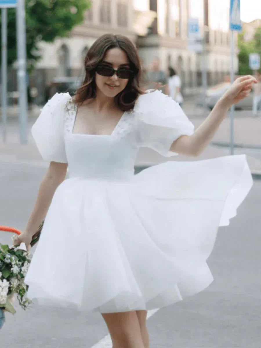A Line Square Neck Short Wedding Dress With Puffy Pearls Sleeves