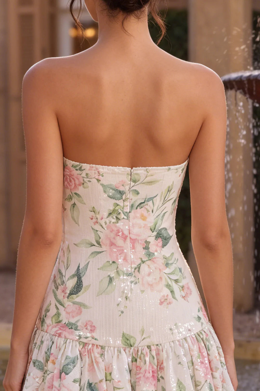 Sequin White Pink Flower Strapless A Line Homecoming Dress with Scarf