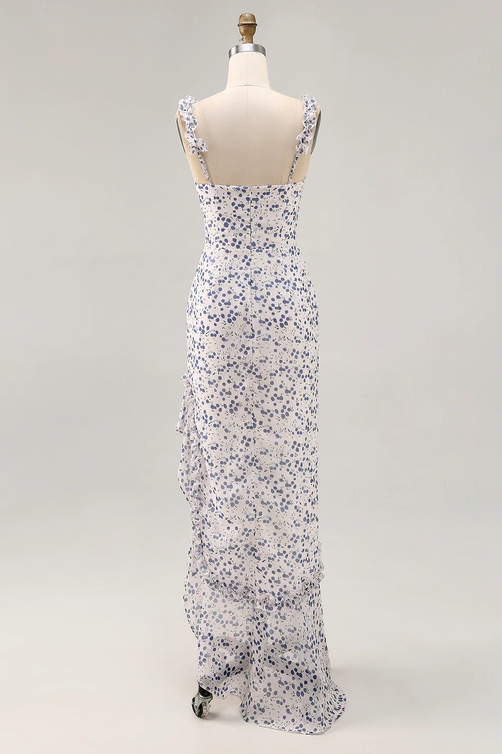 Blue Flower Sheath Chiffon Bridesmaid Dress with Ruffled Slit
