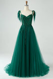Dark Green A Line Spaghetti Straps Long Prom Dress with Beading