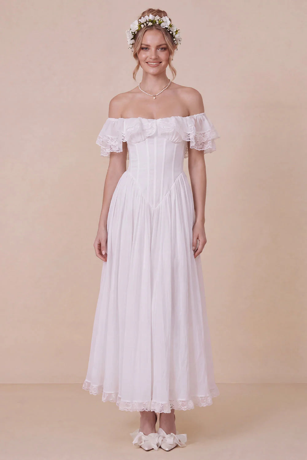 Off the Shoulder Corset White Ruffled Engagement Dress