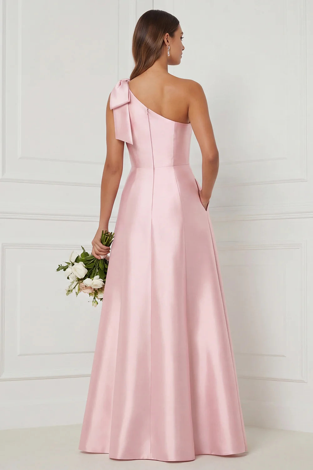 One Shoulder A Line Satin Pink Bridesmaid Dress with Slit