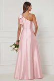 One Shoulder A Line Satin Pink Bridesmaid Dress with Slit