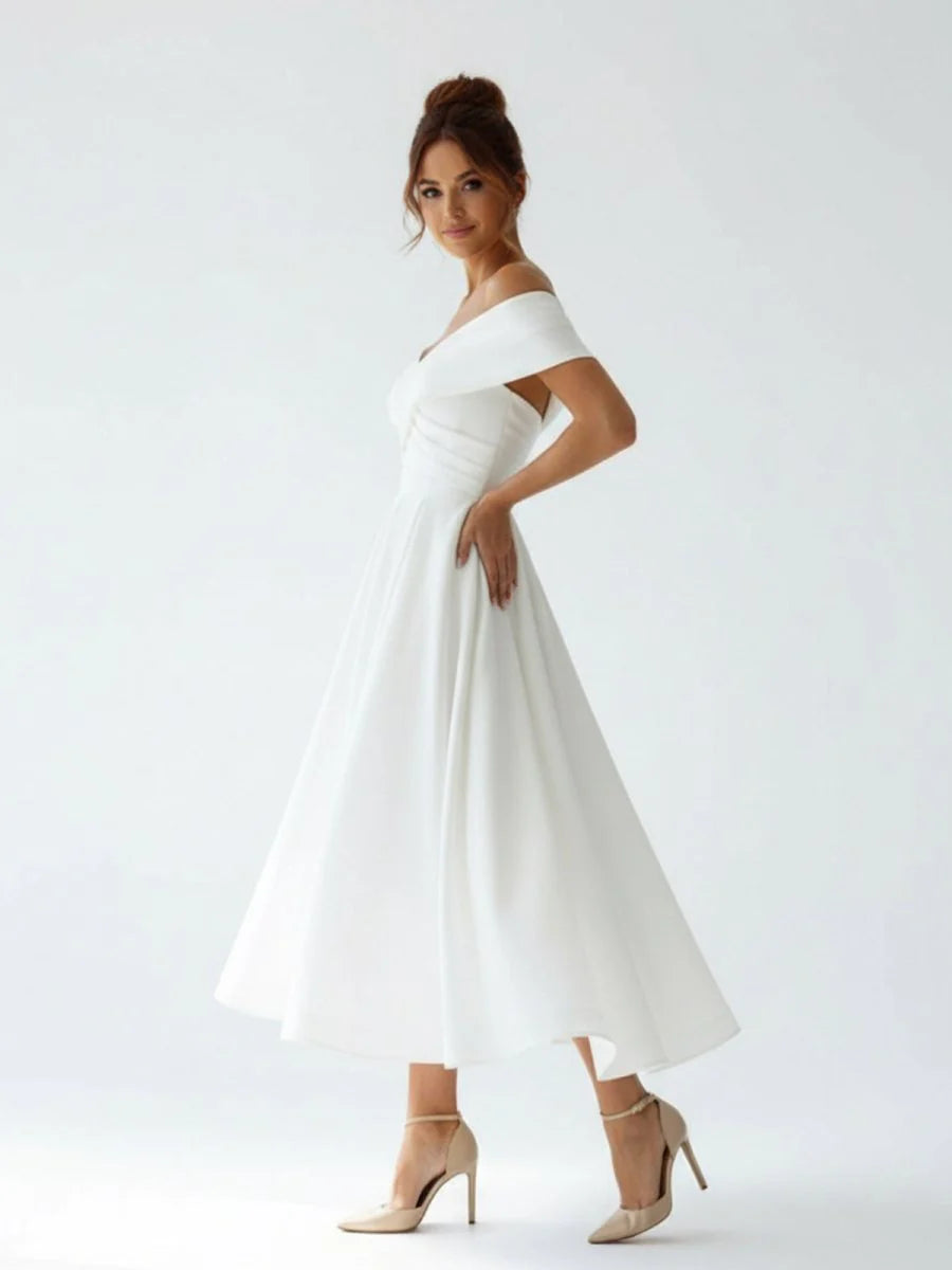 A Line Satin Tea Length White Off the Shoulder Wedding Dress