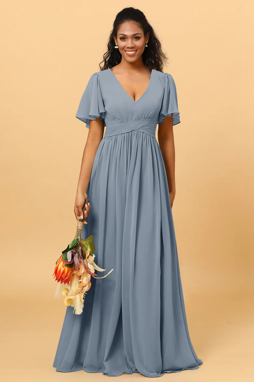 A Line V Neck Short Sleeves Chiffon Long Bridesmaid Dress