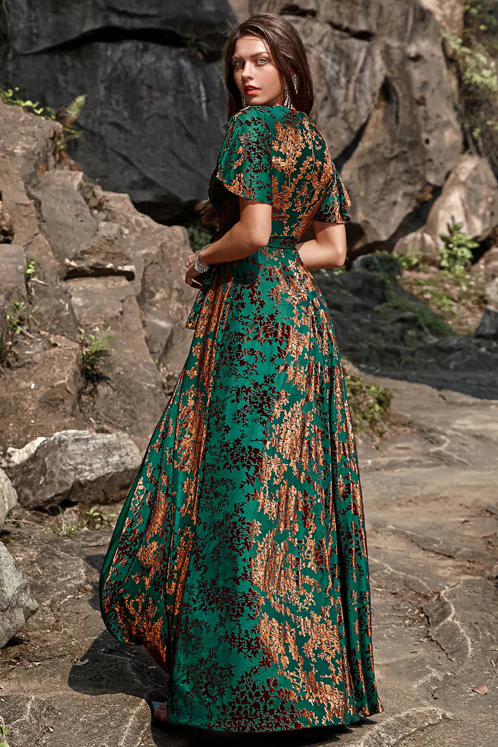 A Line V Neck Dark Green Burnout Velvet Floor Length Dress with Short Sleeves
