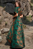 A Line V Neck Dark Green Burnout Velvet Floor Length Dress with Short Sleeves