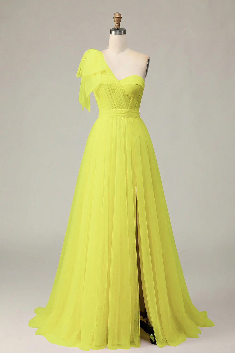 Mint Green A Line One Shoulder Sheer Corset Tulle Long Prom Dress with Slit
