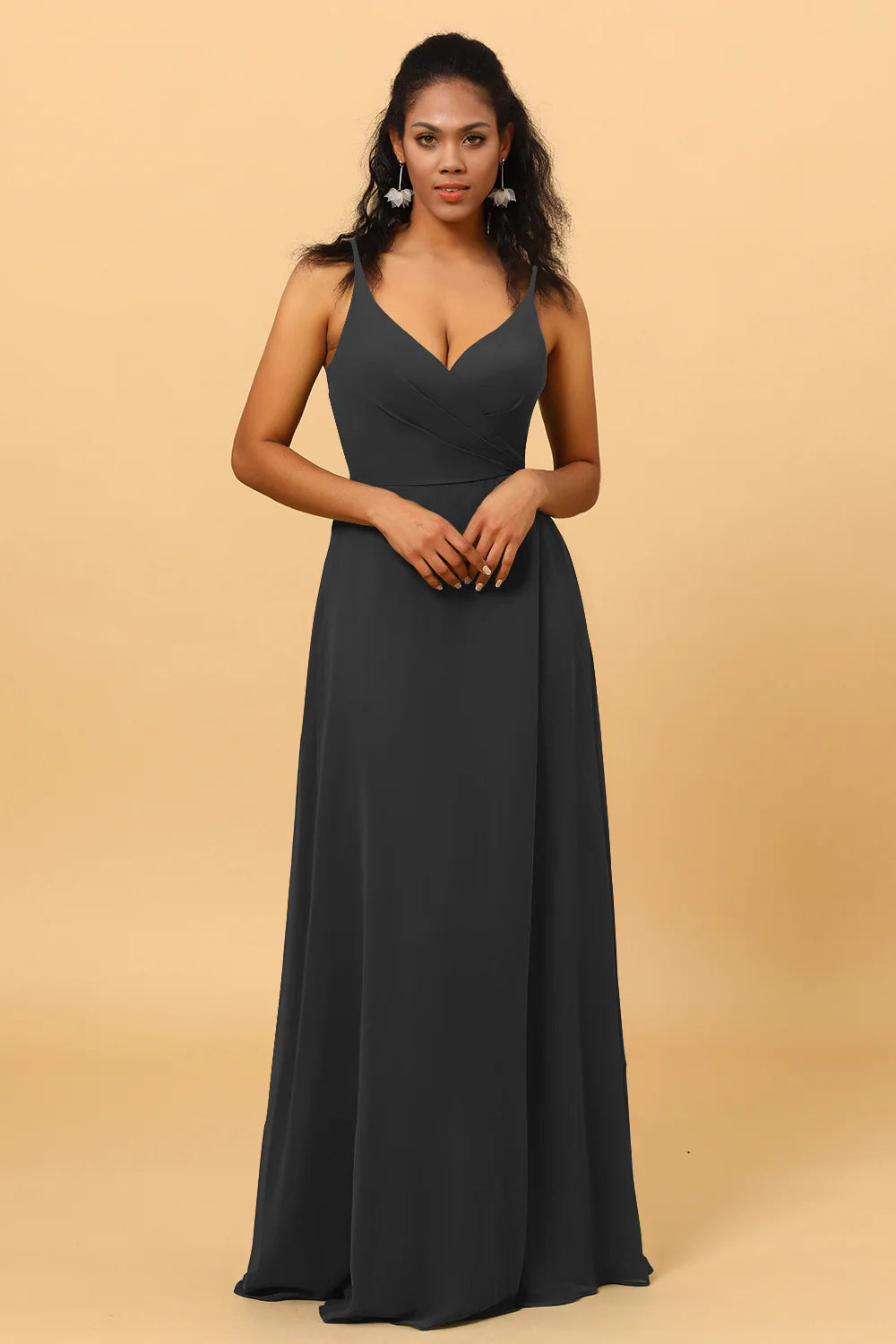 A Line V Neck Spaghetti Straps Floor Length Long Chiffon Bridesmaid Dress