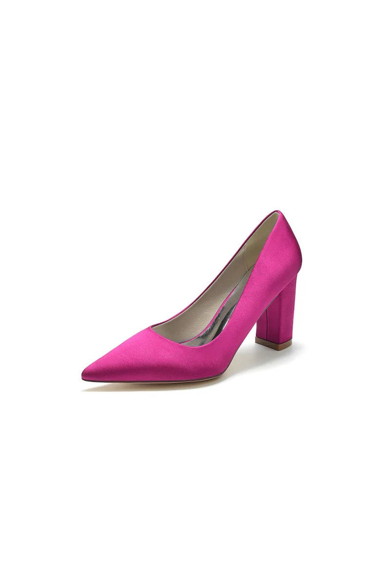Pointed Toe Slip on Satin Chunky Heels