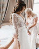 Elegant A Line V Neck Tulle Wedding Dresses with Lace