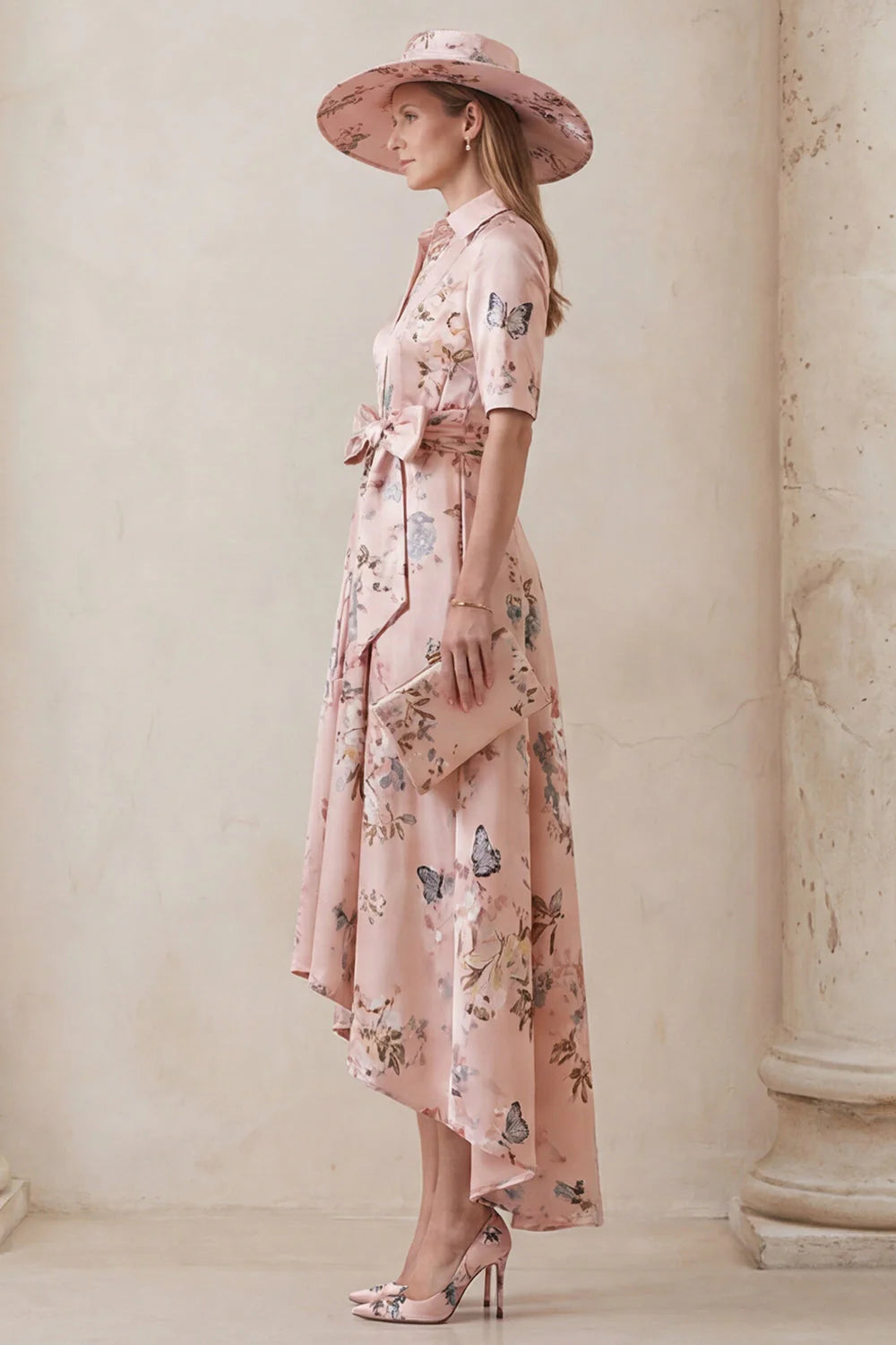 Floral Dusty Rose A Line Short Sleeve High Low Mother of the Bride Dress with Belt
